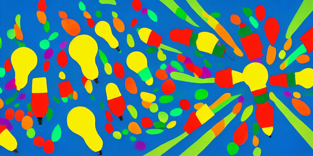 Abstract painting of brightly coloured lightbulbs dynamicafloating around in a deep blue sky