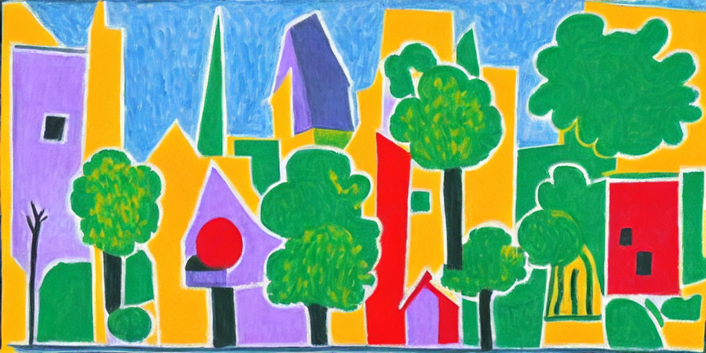 Abstract painting of buildings and trees under a sunny blue sk